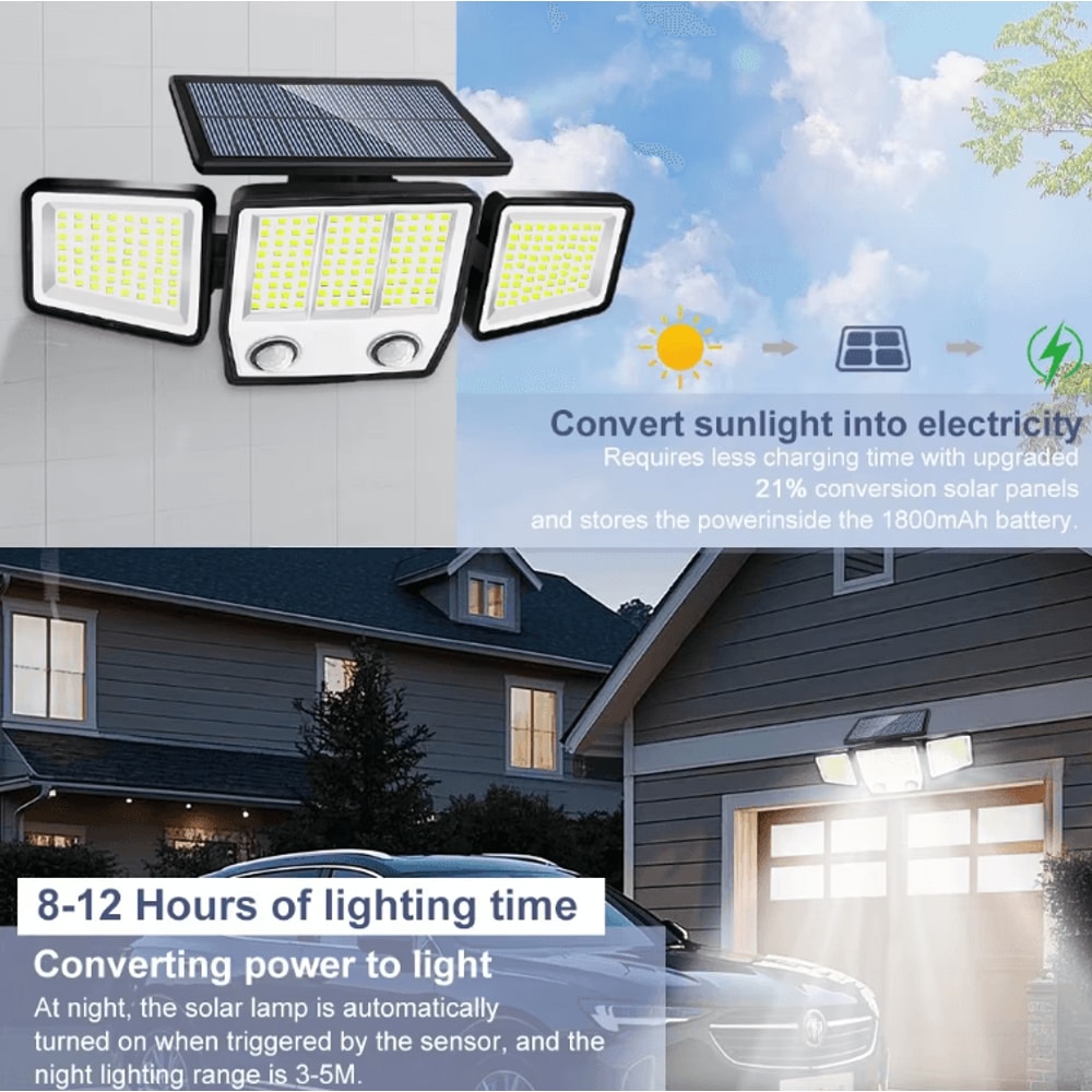 3Head Solar Motion Sensor Flood Light 236 LED Waterproof Outdoor Security Lamp 2