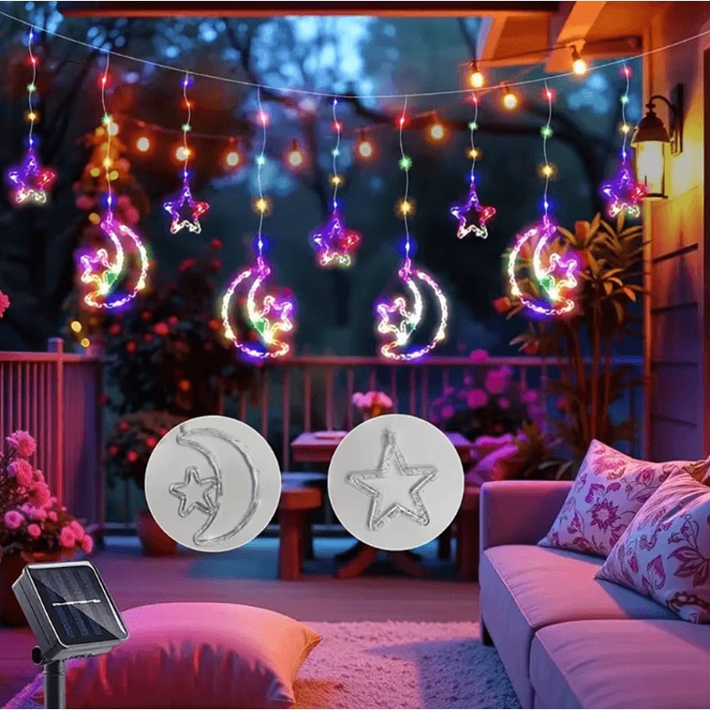Solar Star Moon Curtain String Lights Waterproof Fairy Lights For Garden Party Decor 1