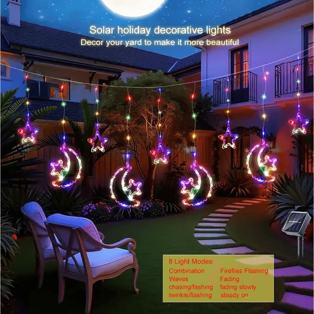 Solar Star Moon Curtain String Lights Waterproof Fairy Lights For Garden Party Decor 2