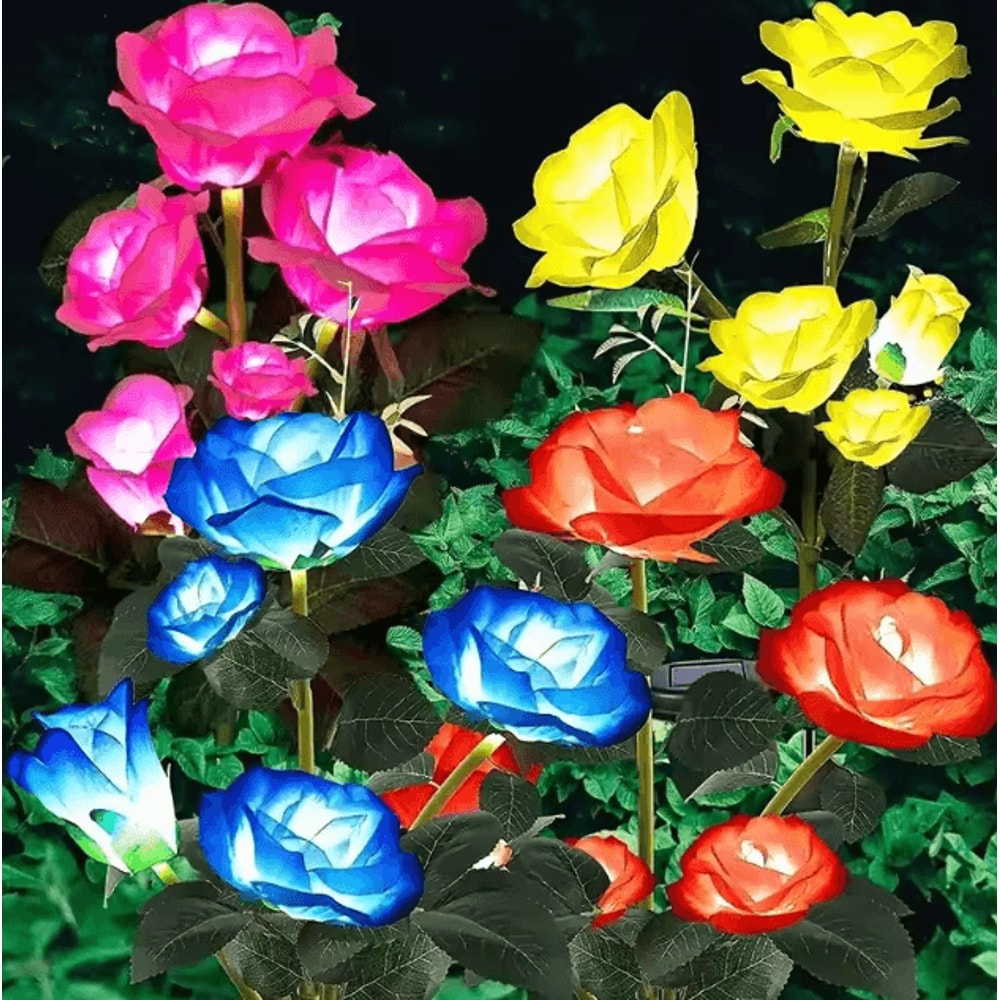 Solar Rose Garden Lights 5Head LED Flower Landscape Pathway Decor Solar Pathway Lights LED Flower 0