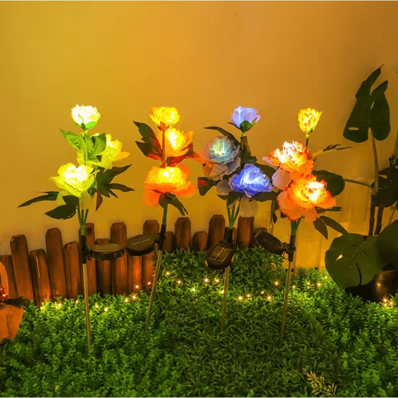 Solar Peony Flower Garden Lights 3Head Pink Waterproof LED Outdoor Pathway Decor 1