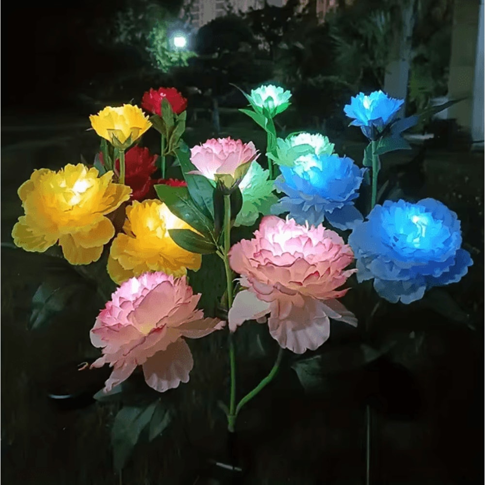 Solar Peony Flower Garden Lights 3Head Pink Waterproof LED Outdoor Pathway Decor 2