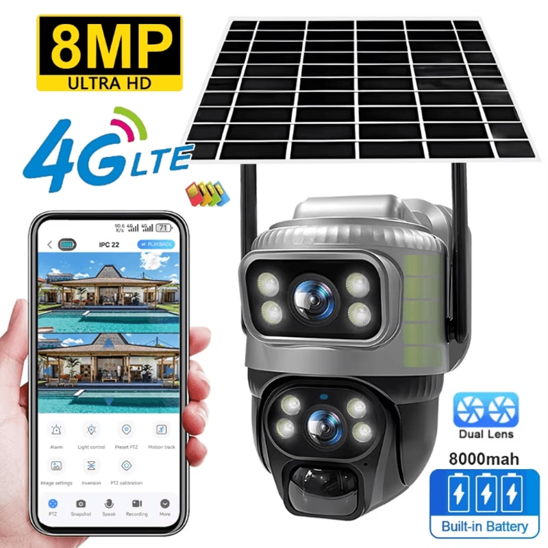 V380 DualLens 4G Solar Security Camera 8MP 4K PIR Motion Detection PTZ Outdoor CCTV 0