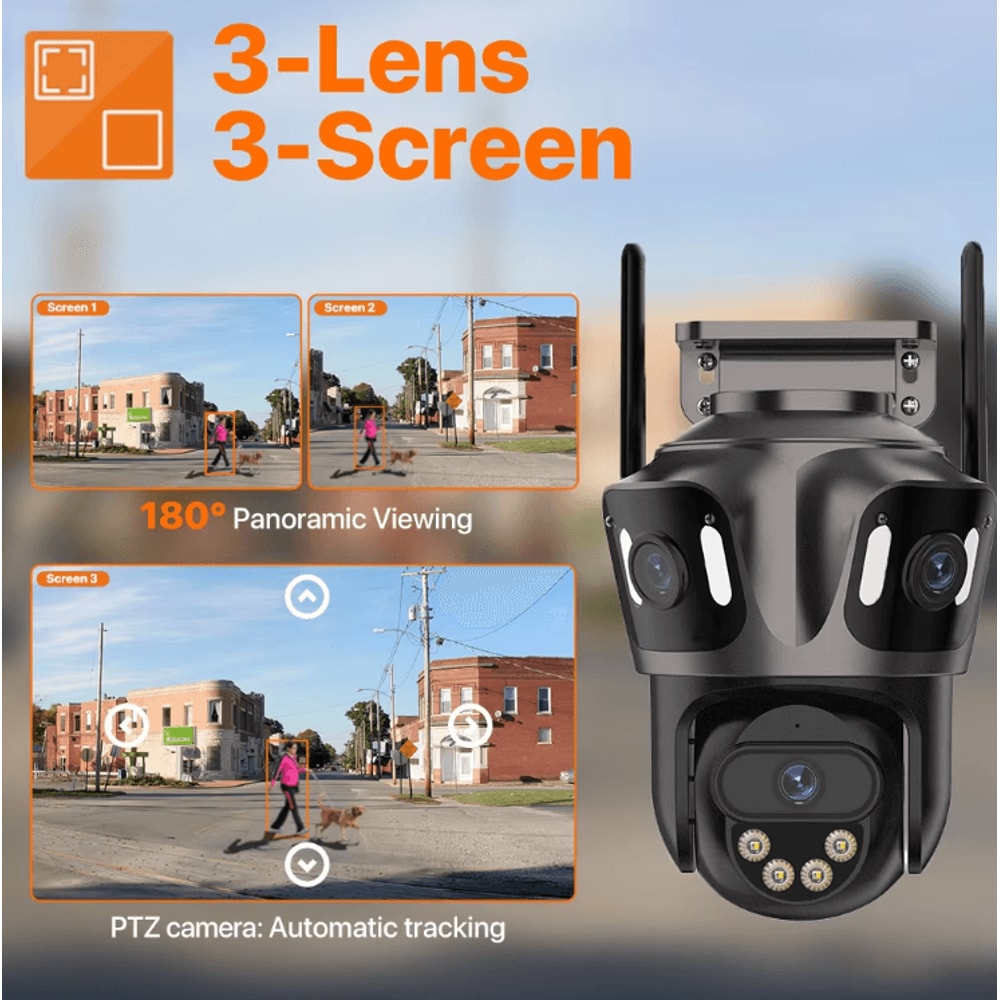 ThreeScreen 4K DualLens PTZ WiFi Security Camera Outdoor AI Human Detection CCTV 1