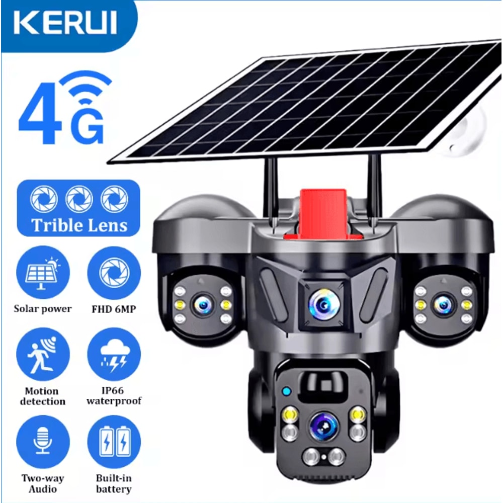 KERUI 6MP Solar 4G TripleLens PTZ Security Camera Outdoor WiFi CCTV With AI Human Detection 2
