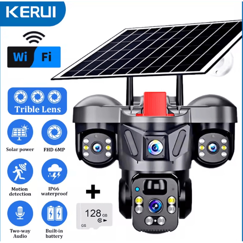 KERUI 6MP Solar 4G TripleLens PTZ Security Camera Outdoor WiFi CCTV With AI Human Detection 6