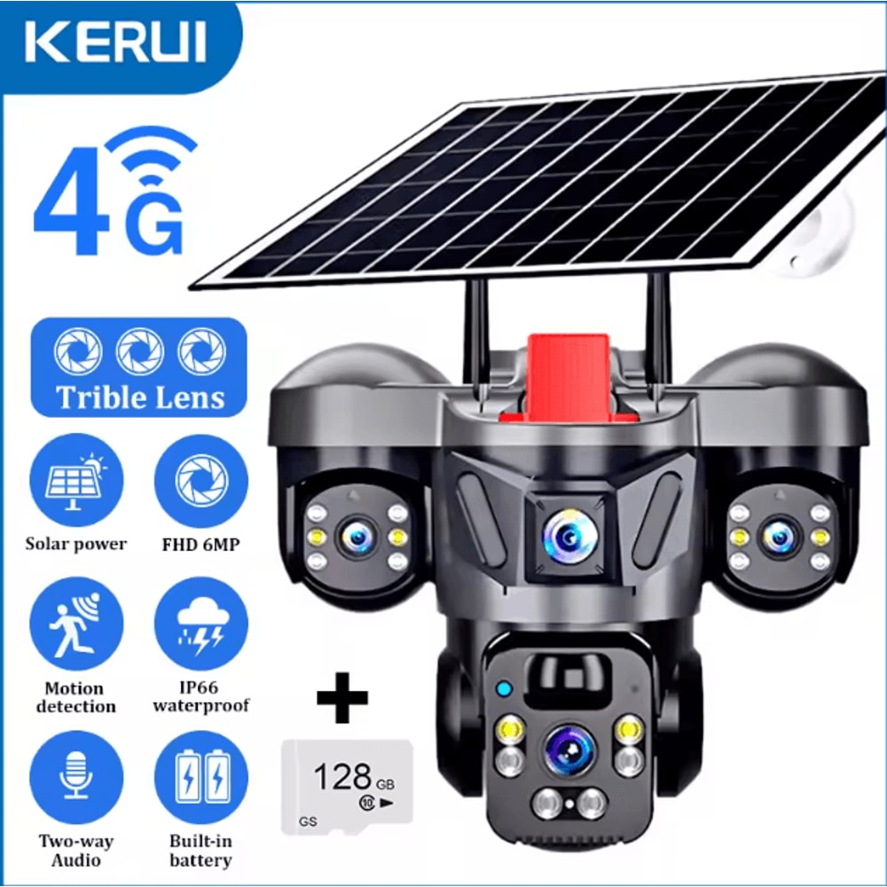 KERUI 6MP Solar 4G TripleLens PTZ Security Camera Outdoor WiFi CCTV With AI Human Detection 9