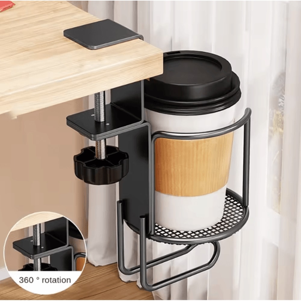 2in1 Desk Cup Holder With Headphone Hanger 360 Rotating AntiSpill Clamp Mount For Office Gaming D 0