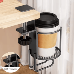 2-in-1 desk cup holder with headphone hanger – 360° rotating anti-spill clamp mount for office & gaming desks