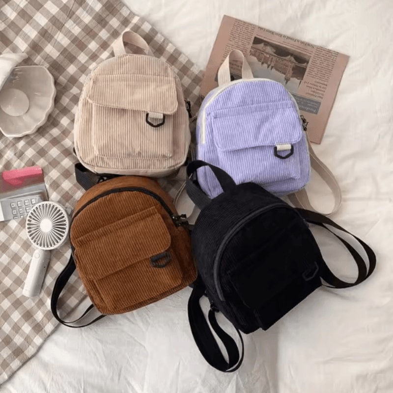Cute Mini Corduroy Backpack Versatile Student Commuting Makeup Travel Bag 0
