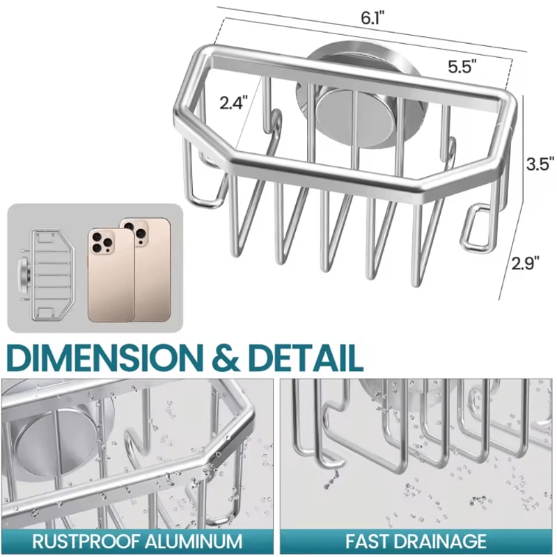 CleanSink Aluminum Suction Cup Sponge Holder For Kitchen Sink Organizer 3