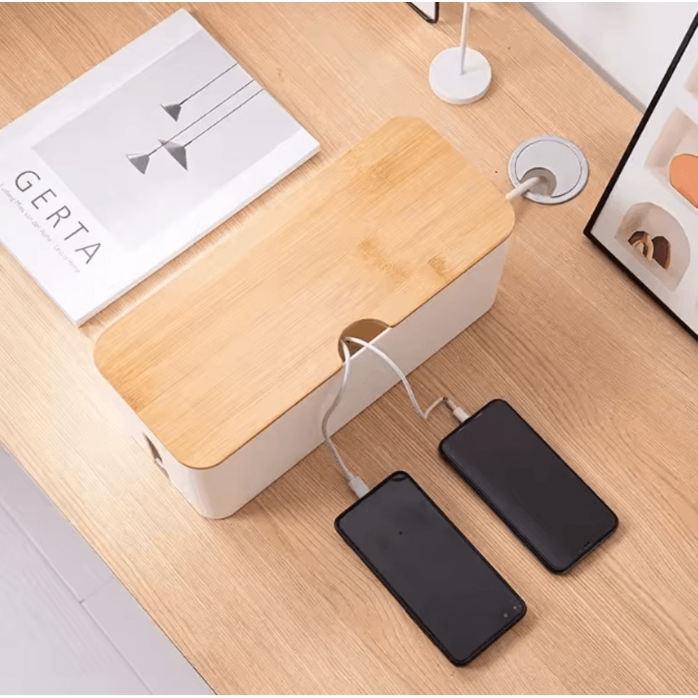WoodShield Wooden Cable Management Box Power Strip And Charger Organizer 2