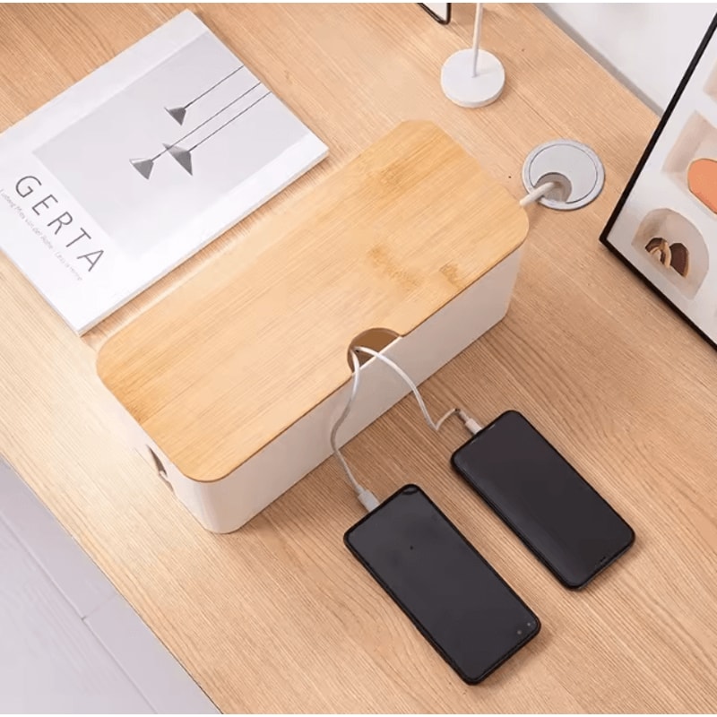 WoodShield Wooden Cable Management Box Power Strip And Charger Organizer 2