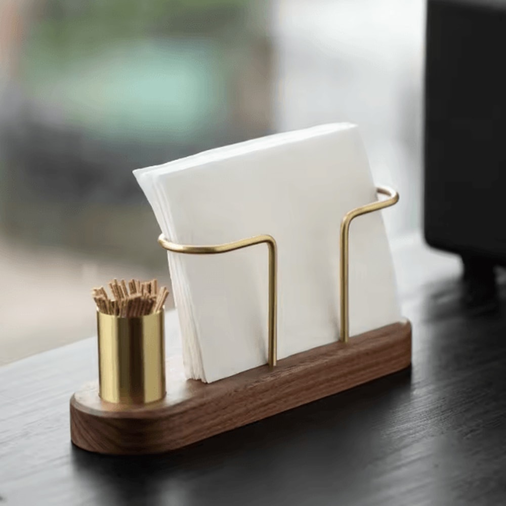 HeMu Walnut Brass Napkin Holder With Toothpick Dispenser Elegant Table Organizer 1