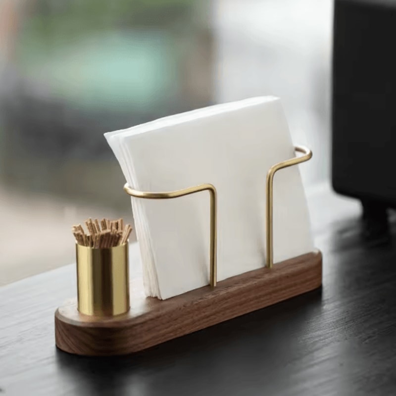 HeMu Walnut Brass Napkin Holder With Toothpick Dispenser Elegant Table Organizer 1