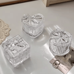 bowknot crystal glass jewelry storage box - transparent exquisite organizer with lid, multifunctional home decor for dr