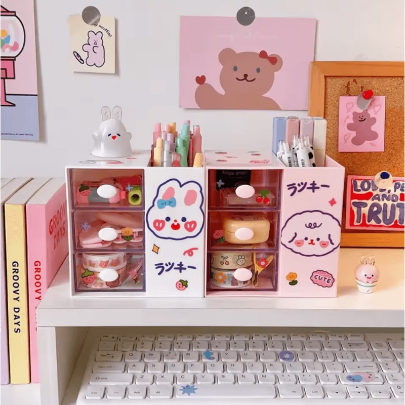 KawaiiCube Cartoon Desktop Stationery Storage Box Cute Multifunction Desk Organizer 0