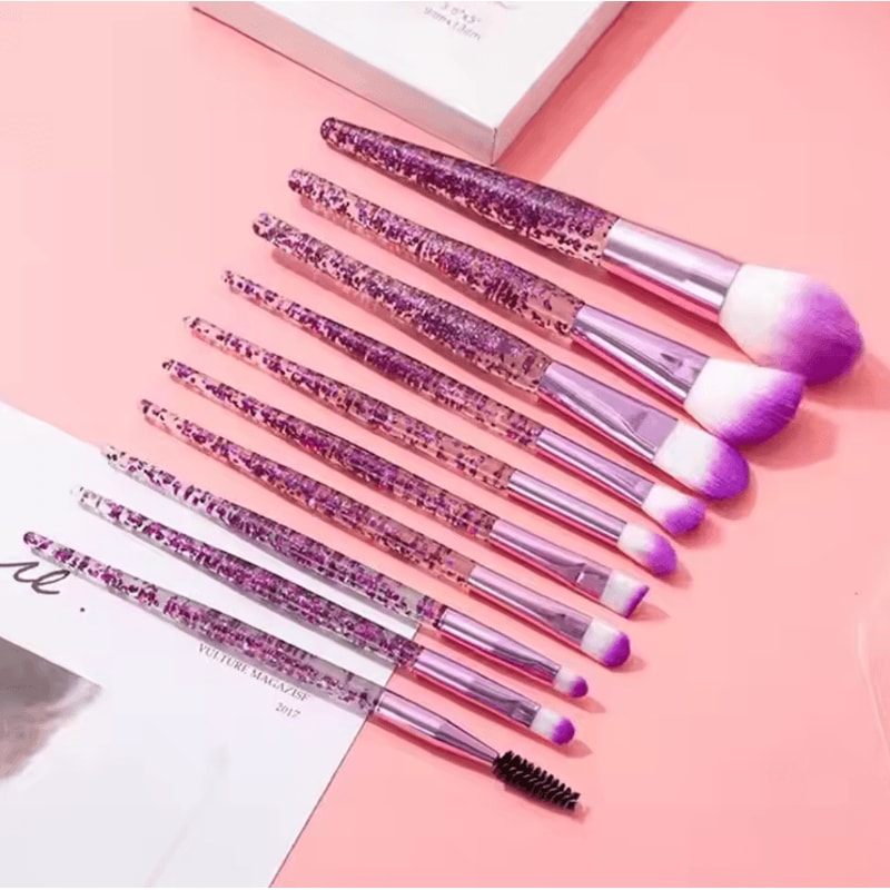 GlamCrystal 10 Piece Glitter Makeup Brush Set Professional Blending Kit 2