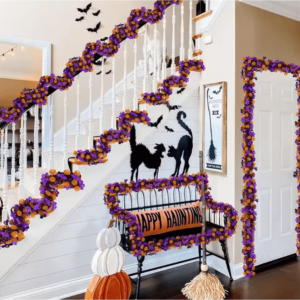 Purple Halloween Tinsel Garland With Pumpkin And Bat For Spooky Party Decor 2