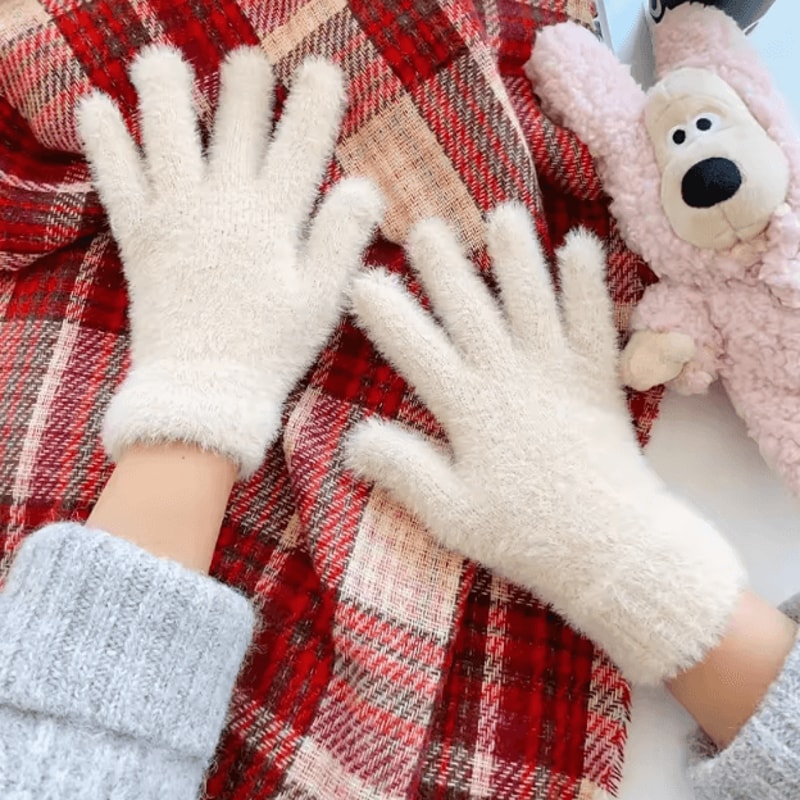 Plush Mink Velvet Winter Gloves For Women Warm Windproof Soft Five Finger Design 5