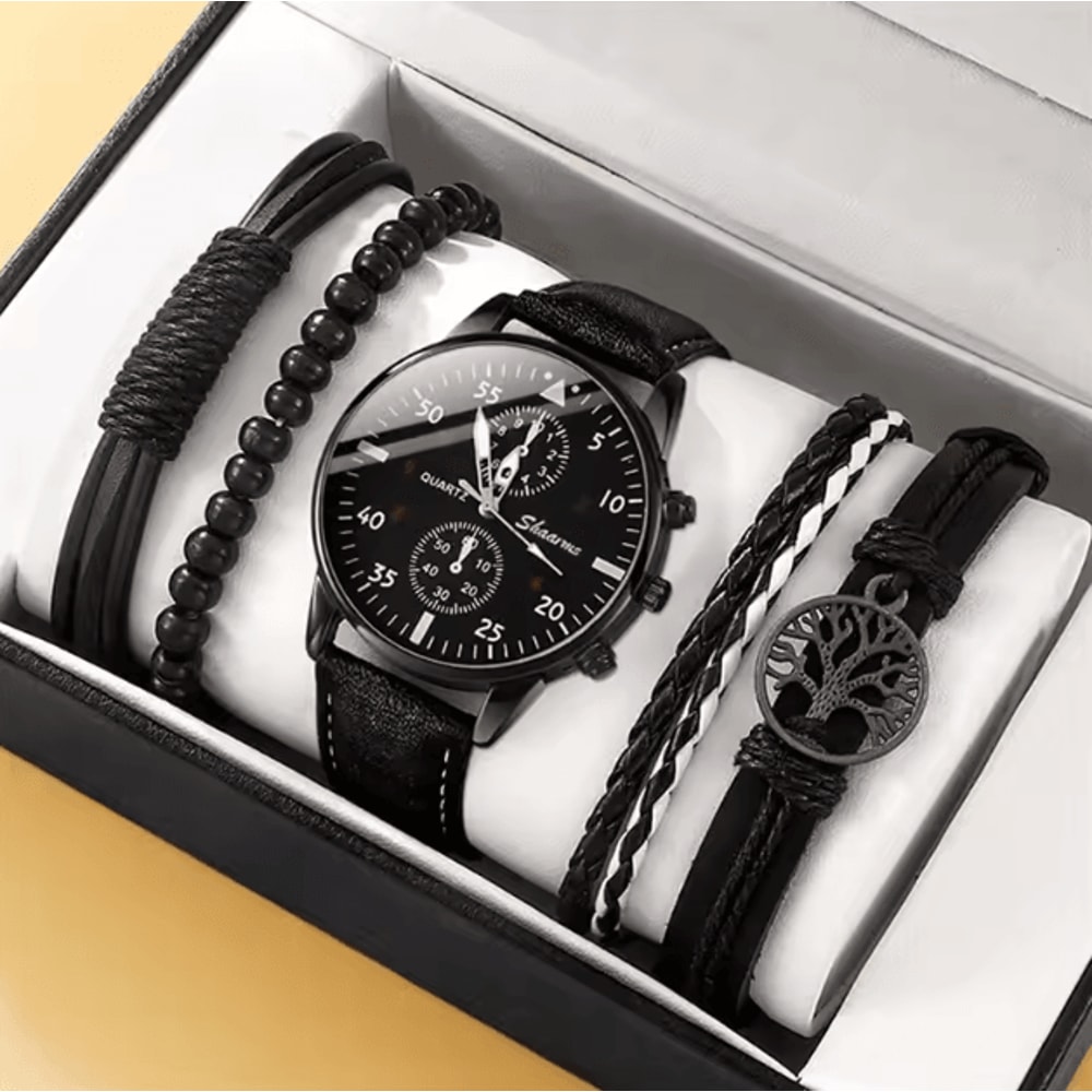 5PCS Mens Quartz Watch And Bracelet Set Leather Strap Business Casual Fashion Wristwatch Gift Set 0