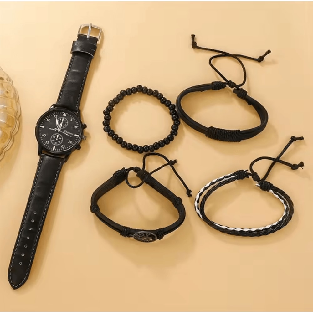 5PCS Mens Quartz Watch And Bracelet Set Leather Strap Business Casual Fashion Wristwatch Gift Set 1