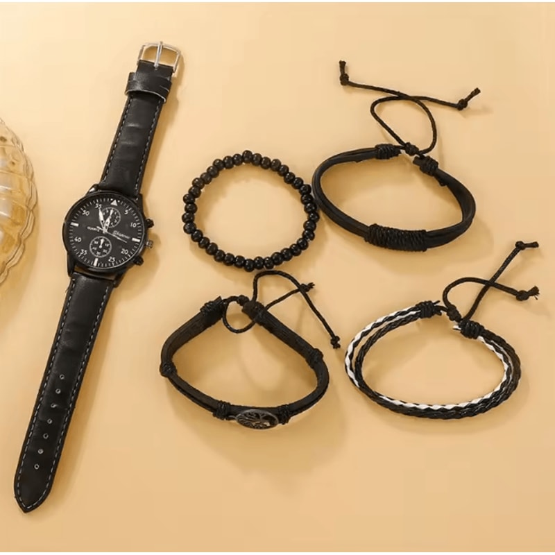 5PCS Mens Quartz Watch And Bracelet Set Leather Strap Business Casual Fashion Wristwatch Gift Set 1