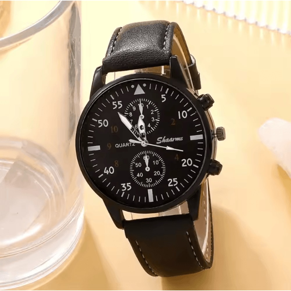 5PCS Mens Quartz Watch And Bracelet Set Leather Strap Business Casual Fashion Wristwatch Gift Set 2