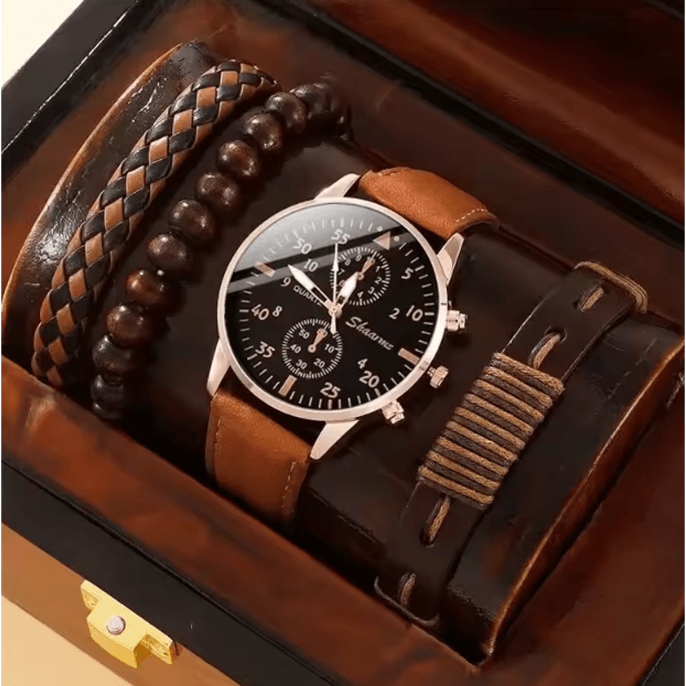5PCS Mens Quartz Watch And Bracelet Set Leather Strap Business Casual Fashion Wristwatch Gift Set 3