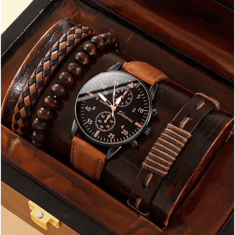 5PCS Mens Quartz Watch And Bracelet Set Leather Strap Business Casual Fashion Wristwatch Gift Set 4