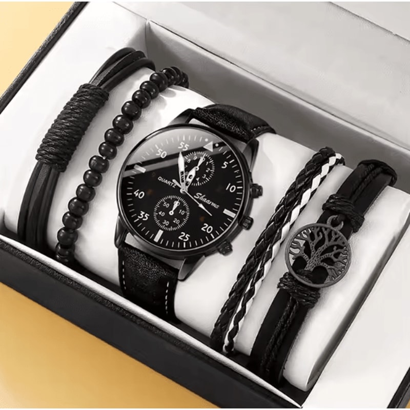 5PCS Mens Quartz Watch And Bracelet Set Leather Strap Business Casual Fashion Wristwatch Gift Set 5