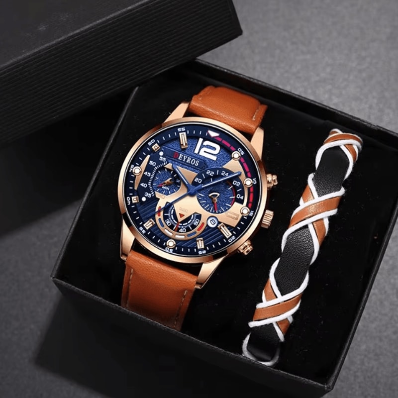 Mens Quartz Watch And Bracelet Set Calendar Leather Strap Business Casual Wristwatch Gift Set 0