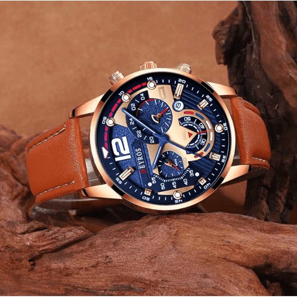 Mens Quartz Watch And Bracelet Set Calendar Leather Strap Business Casual Wristwatch Gift Set 2