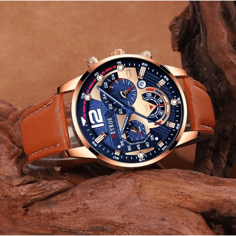 Mens Quartz Watch And Bracelet Set Calendar Leather Strap Business Casual Wristwatch Gift Set 2