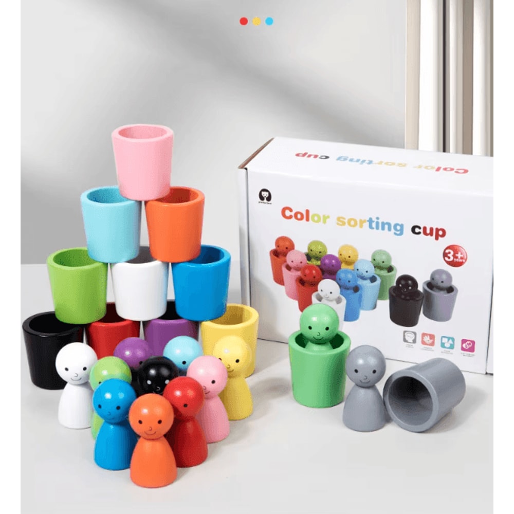 Montessori Wooden Color Sorting Cups Toy Kids Matching Cognitive Learning Game 0