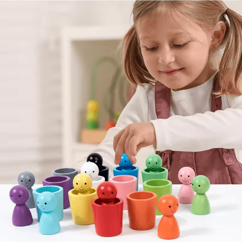 Montessori Wooden Color Sorting Cups Toy Kids Matching Cognitive Learning Game 1