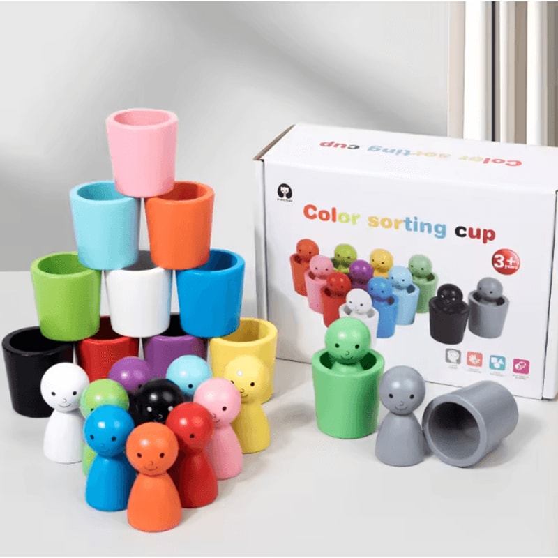 Montessori Wooden Color Sorting Cups Toy Kids Matching Cognitive Learning Game 3