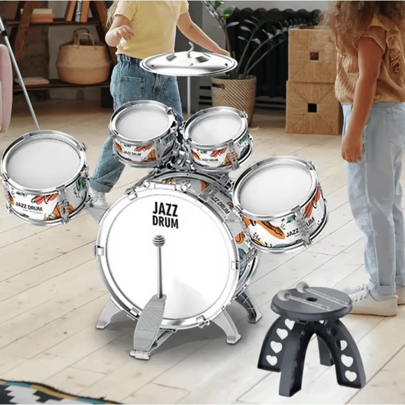 Kids Jazz Drum Set With Stool Pedal Toddler Percussion Musical Toy Kit 2