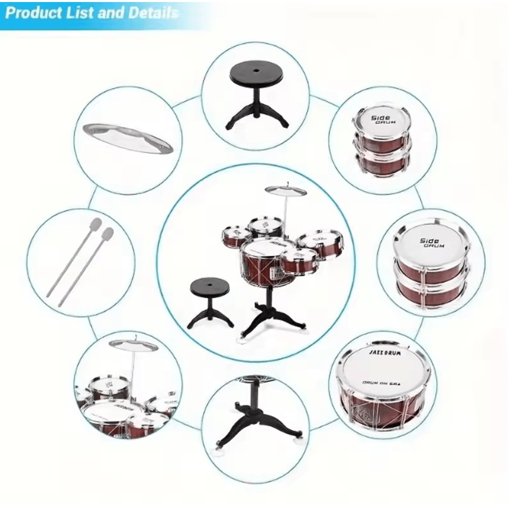 Kids Jazz Drum Set With Stool Pedal 5 Drum Musical Instrument Kit For Toddlers 2