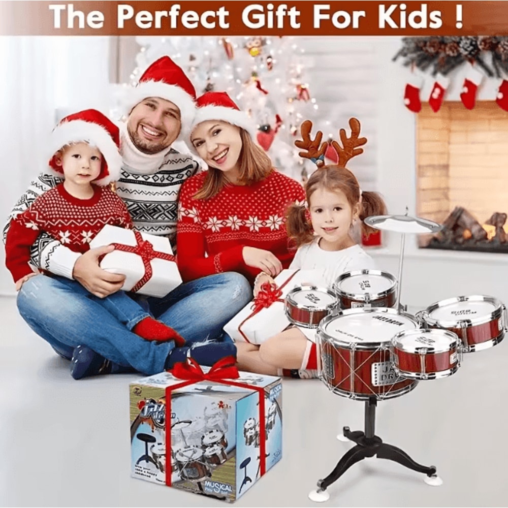 Kids Jazz Drum Set With Stool Pedal 5 Drum Musical Instrument Kit For Toddlers 3