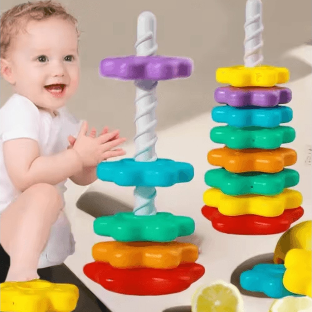 Montessori Spinning Rainbow Stacking Tower Baby Motor Skill Development Puzzle Toy 0