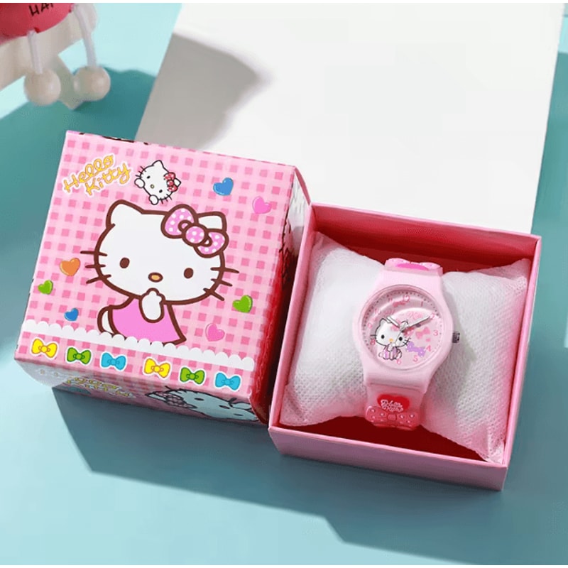3D Hello Kitty Cartoon Kids Watch Cinnamoroll Kuromi Melody Silicone Wristwatch Gift Set 3