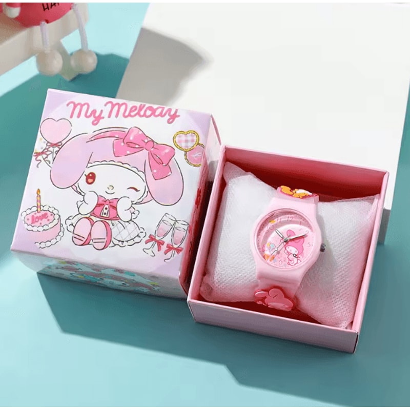 3D Hello Kitty Cartoon Kids Watch Cinnamoroll Kuromi Melody Silicone Wristwatch Gift Set 4