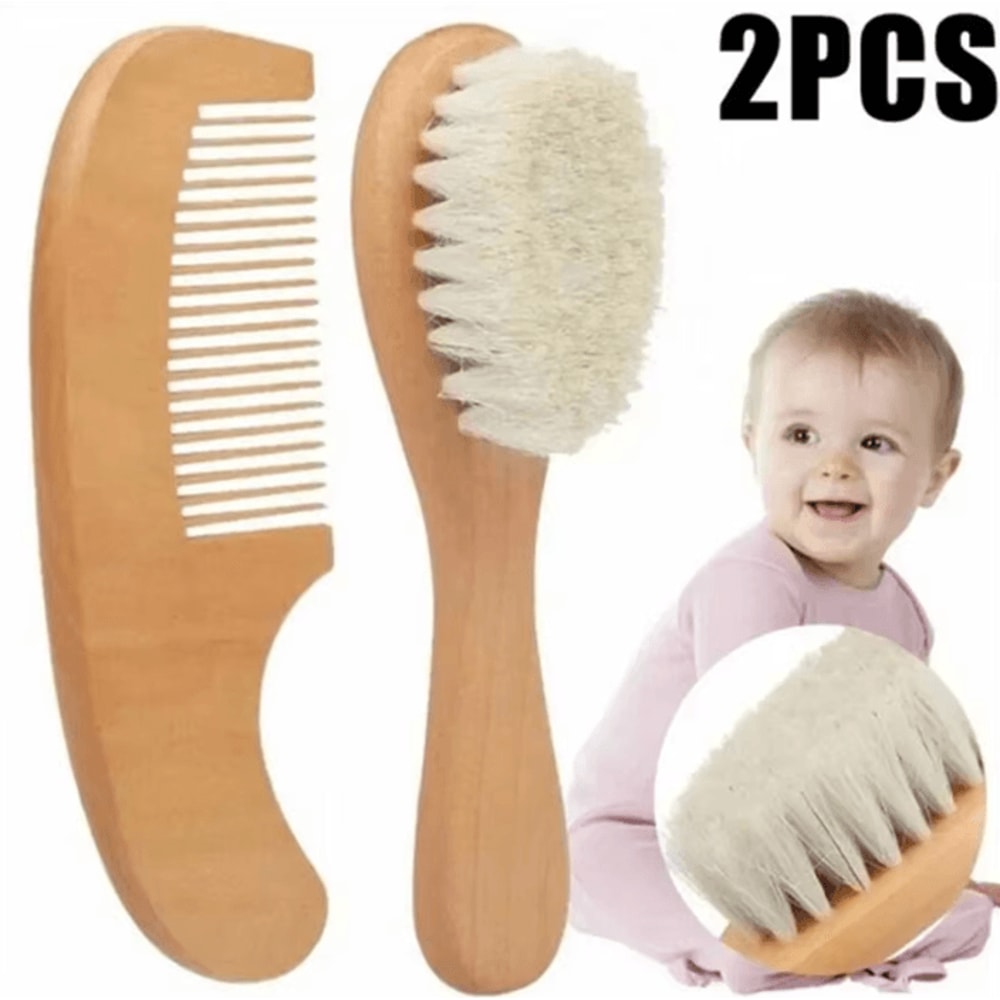 2Piece Wooden Baby Hair Brush Set Soft Wool Newborn Comb Scalp Massager 0