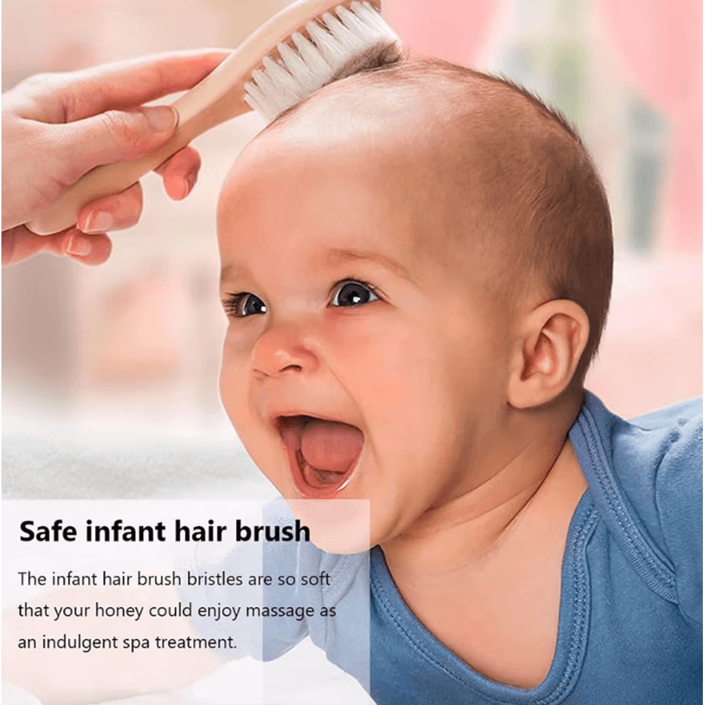 2Piece Wooden Baby Hair Brush Set Soft Wool Newborn Comb Scalp Massager 2