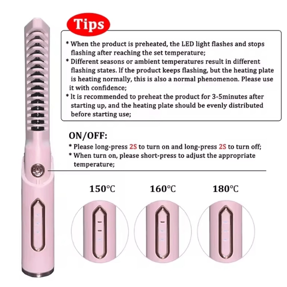 Portable Cordless Hair Straightener Brush 2in1 AntiScald Styling Comb For Travel 1