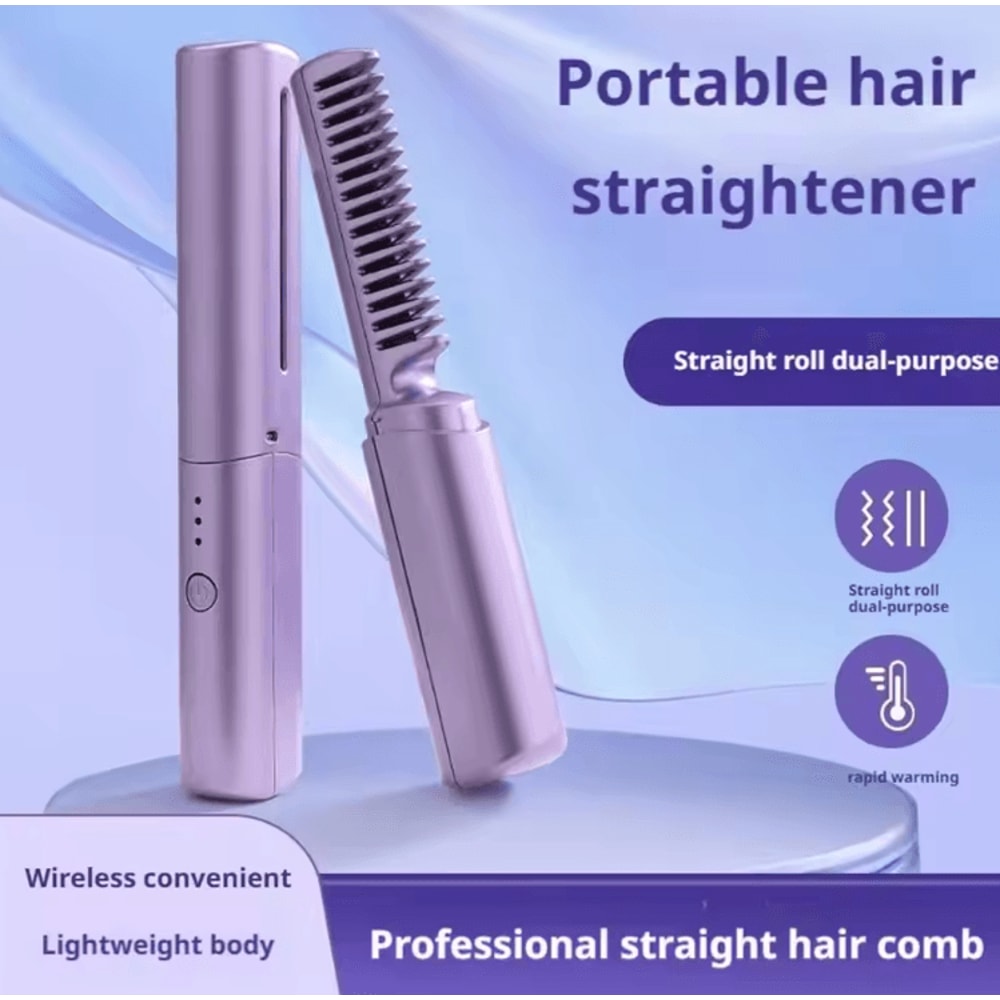 Portable Cordless Ceramic Hair Straightener Comb 2in1 Mini Styling Brush For Short Hair 0