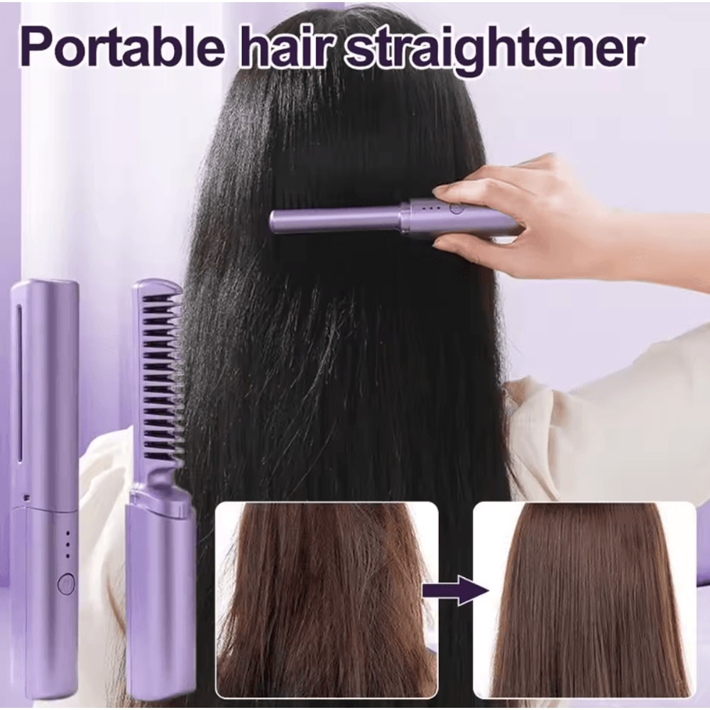 Portable Cordless Ceramic Hair Straightener Comb 2in1 Mini Styling Brush For Short Hair 1