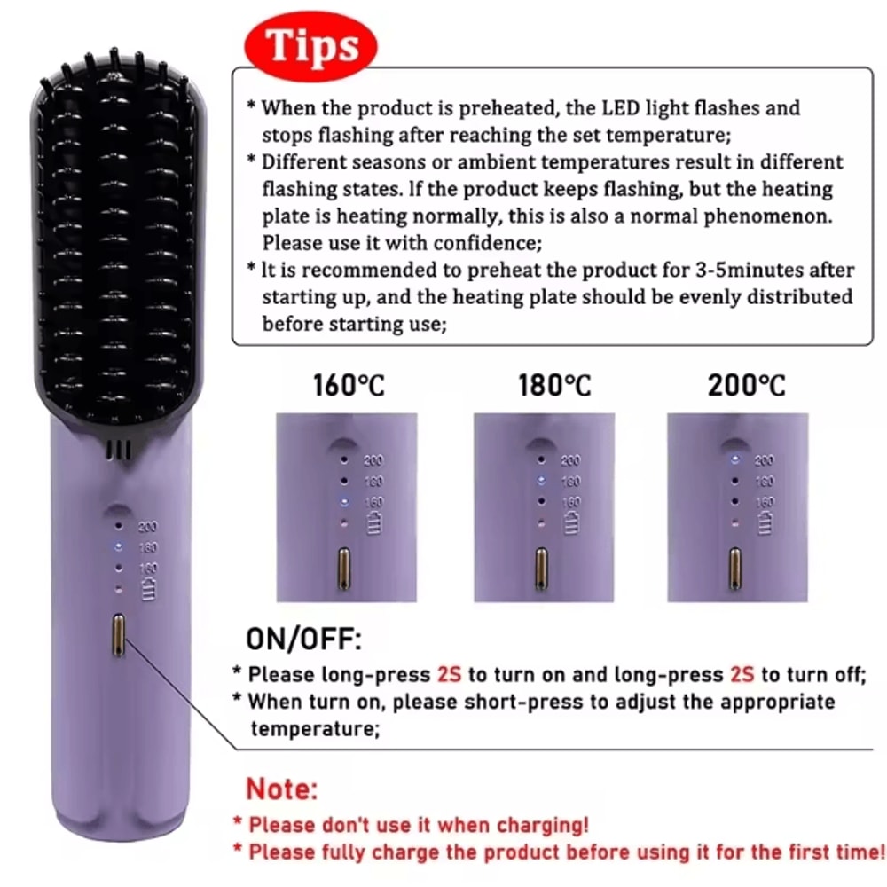 Cordless Negative Ion Hair Straightener Brush 2in1 Portable AntiScald Styling Comb 1