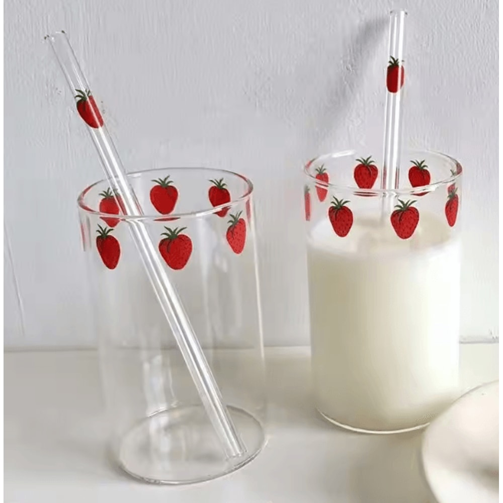 Cute Strawberry Glass Cup With Straw 300ML Borosilicate Aesthetic Drinking Tumbler 0